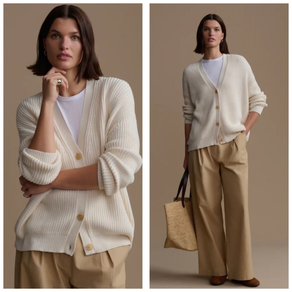 Jenni Kayne Cotton Cocoon Cardigan Size Large Cream Knit Oversized